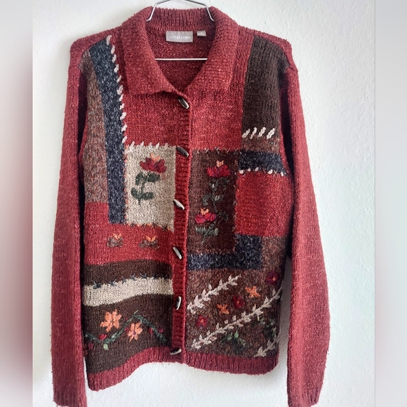 Croft & Borrow Medium Women's Patchwork Knit Sweater Reds & Browns - Picture 1 of 9